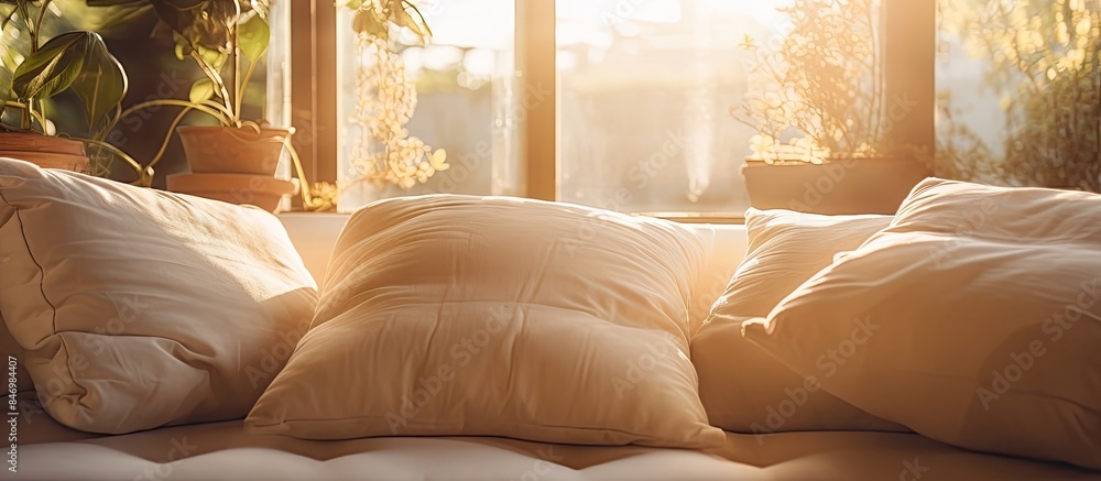 Poster Bed with pillows in front of a window, complemented by a potted plant. Day bed illuminated by sunlight with pillows. with copy space image. Place for adding text or design
