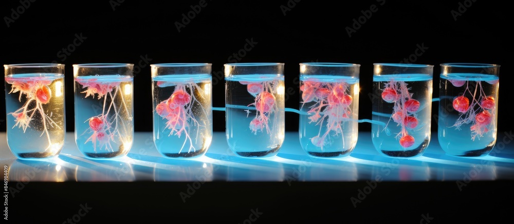 Poster Glass vases showcasing jellyfish specimens, elegantly arranged on a table surface. with copy space image. Place for adding text or design