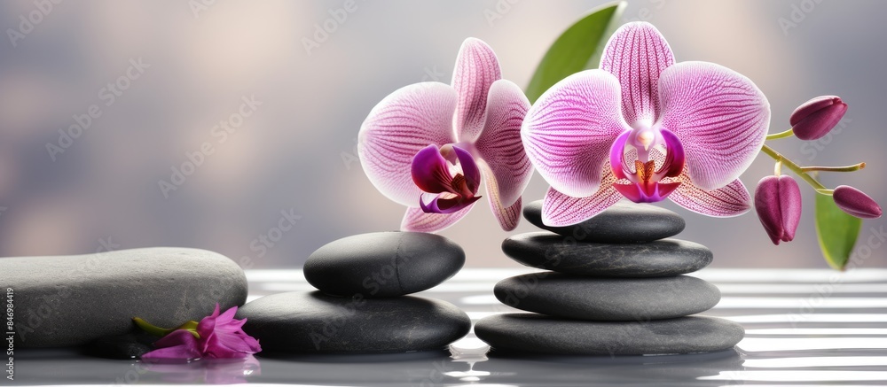 Poster purple orchid flower placed among three black stones on a shiny reflective surface for a spa zen con