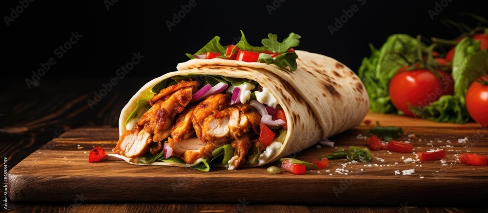 Wall mural close-up of turkish chicken doner wrap, tavuk durum, with fresh tomatoes and lettuce on a wooden cut