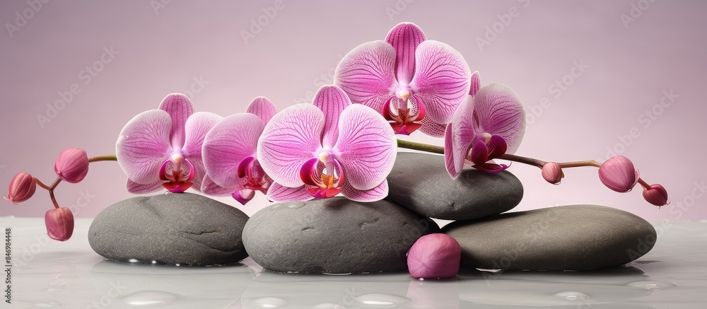 Poster Two therapy stones complement two pink orchids in a still life arrangement. with copy space image. Place for adding text or design