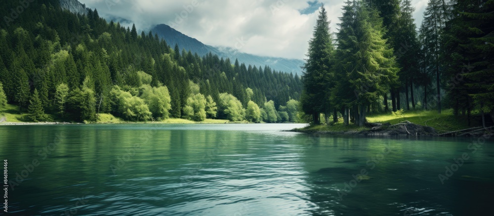 Fototapete Scenic view of a serene lake nestled in the mountains, surrounded by a lush shore dotted with trees. with copy space image. Place for adding text or design