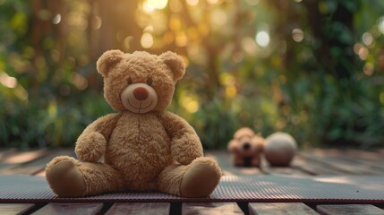 A serene scene of a teddy practicing yoga, embodying harmony and wellness through gentle stretches and mindful breathing, promoting a healthy and balanced lifestyle during pregnancy.