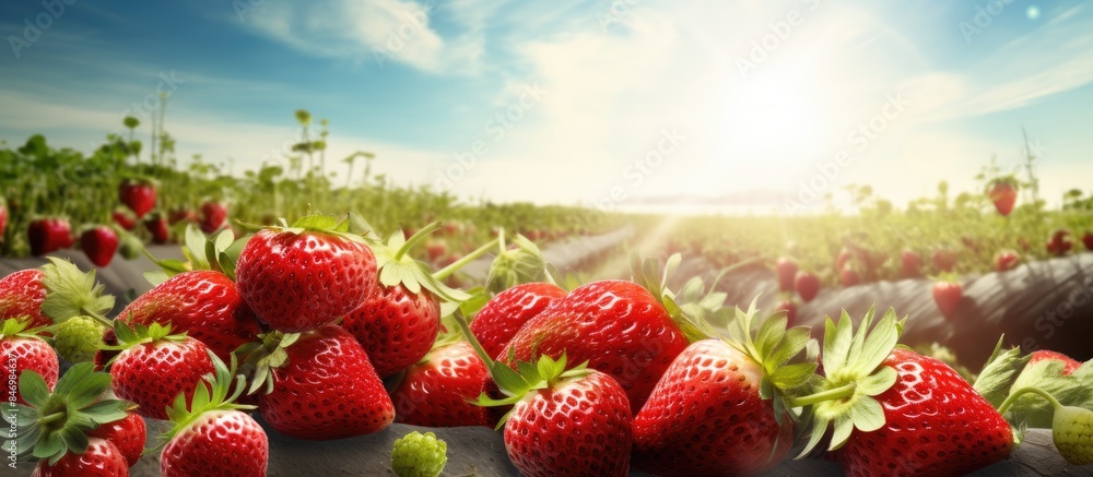 Poster organic strawberry fields with ripe fruits spread out on a rustic wooden table in a picturesque coun