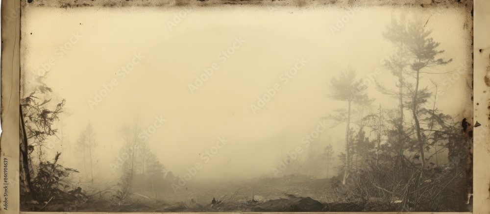 Poster Tranquil image of a misty forest captured on an old photo print's reverse side with a decorative border. with copy space image. Place for adding text or design