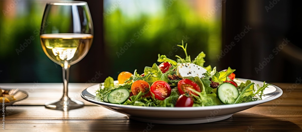 Fototapete plateful of salad and a glass of wine set on a wooden table, showcasing a close-up view. with copy s