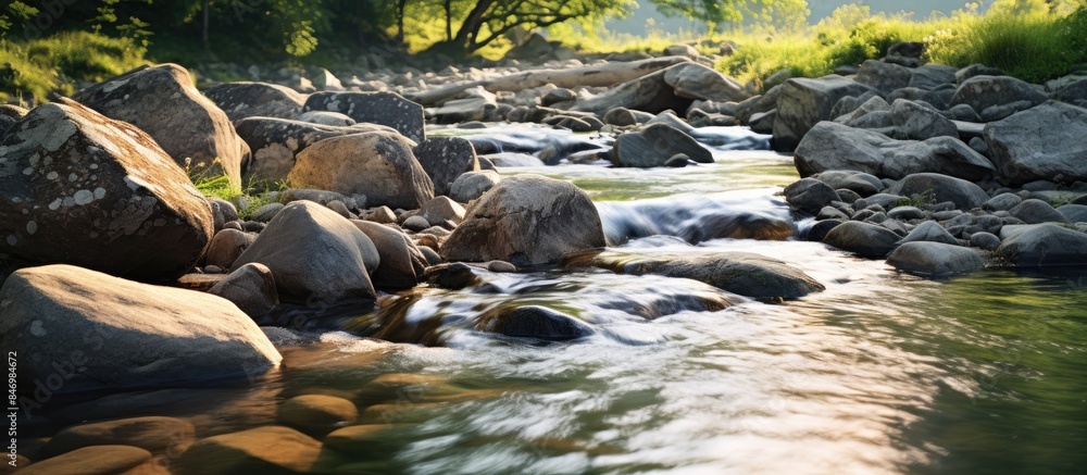 Leinwandbilder flowing water over rocks in a natural setting with soft sunlight illuminating the scene. with copy s