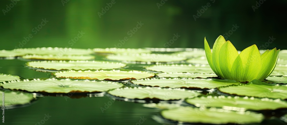 Leinwandbilder Lush green lily pad with a delicate flower resting on the surface of a tranquil pond. with copy space image. Place for adding text or design