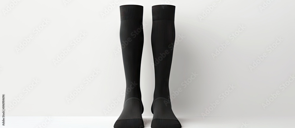 Fototapete Pair of sleek black boots placed on top of a clean white table surface. with copy space image. Place for adding text or design