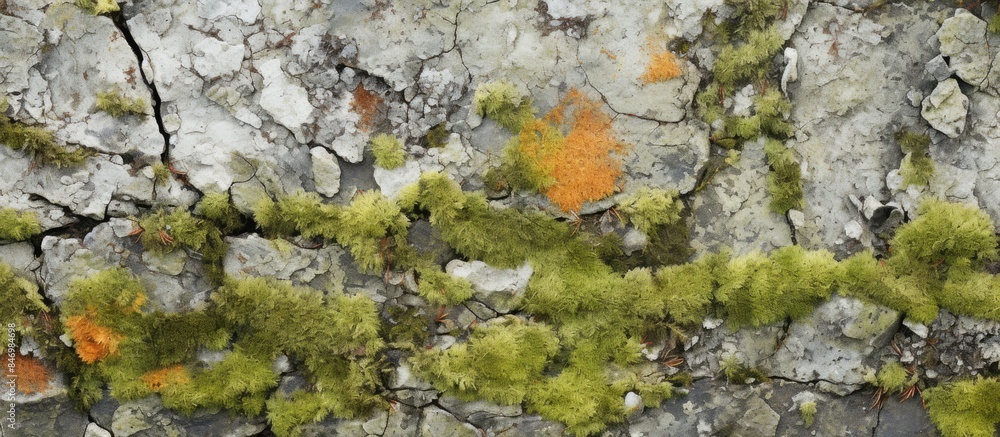 Poster Close-up of moss-covered tree bark featuring unique green and orange growth, creating a natural and textured scene. with copy space image. Place for adding text or design