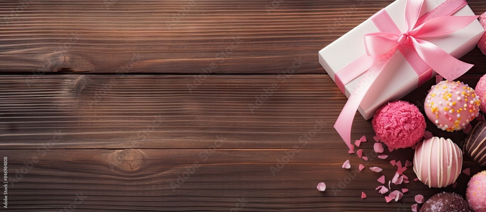 Fototapete close-up of a box of cake pops adorned with a pink bow, presented alongside a wooden background with