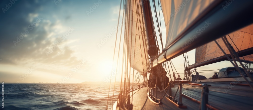 Aufkleber Sailboat with rigging and billowing sails gliding through the ocean as the sun sets in the background. with copy space image. Place for adding text or design