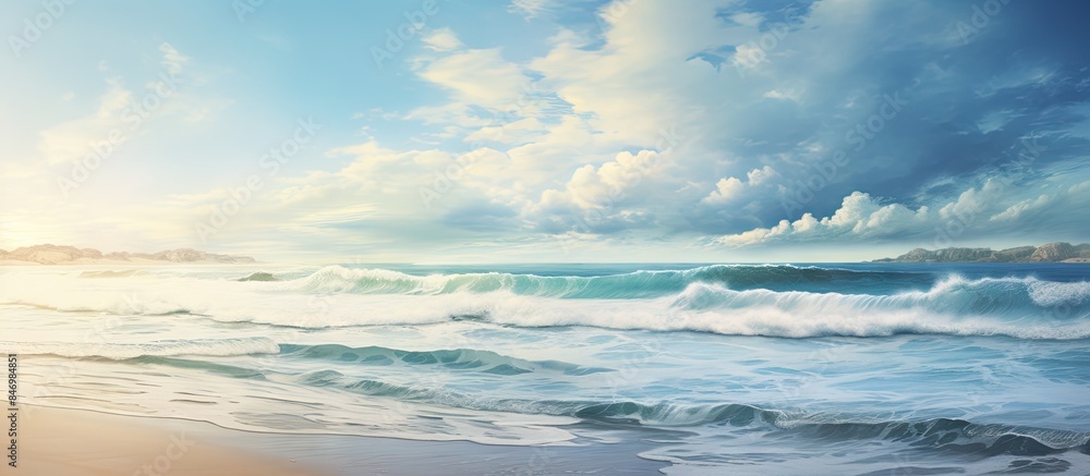 Poster Waves crashing on sandy beach creating a serene seascape with coastal vibes. with copy space image. Place for adding text or design