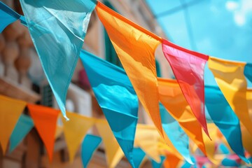 A colorful banner with blue, yellow, and red flags hanging from a building