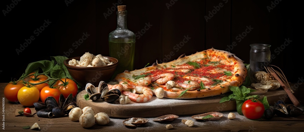 Poster pizza topped with shrimp and fresh tomatoes displayed on a wooden cutting board. with copy space ima