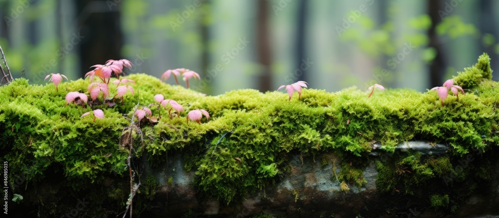 Fototapete moss thrives on a fallen log in the forest, adorned with delicate pink flowers in the early spring. 