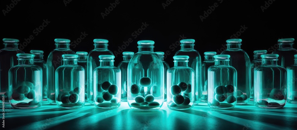 Poster Glass bottles filled with various rocks neatly displayed on a tabletop surface. with copy space image. Place for adding text or design