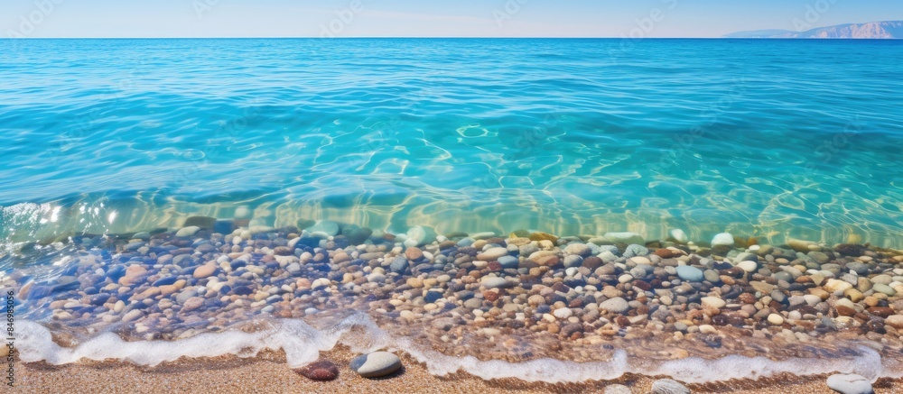 Poster scenic view of the beach with ocean waves, rocks, sand, and small wet stones along the shore, evokin