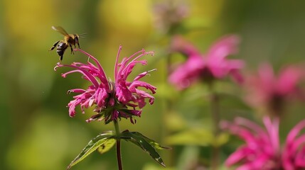 a small bee moves from one bee balm flower to another on a sunny day : Generative AI