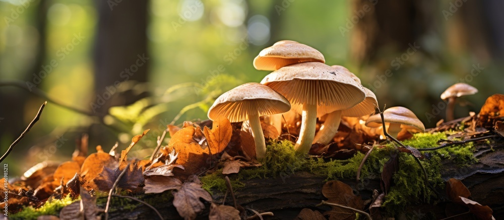 Fototapete Mushroom Clitocybe nebularis thriving on a tree trunk with lush surroundings in the woods. with copy space image. Place for adding text or design