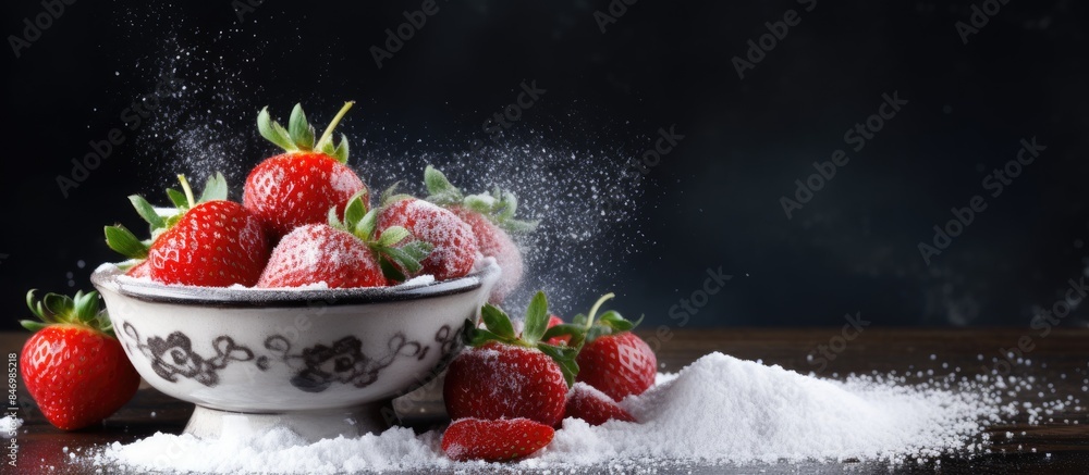 Poster close-up of fresh strawberries coated with sugar in a bowl placed on a table. with copy space image.