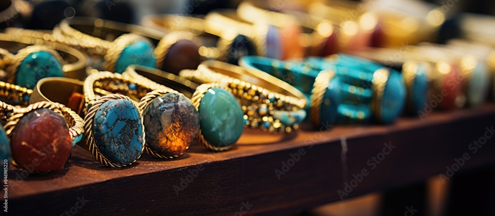 Poster Close-up view of a variety of rings displayed on a table surface. with copy space image. Place for adding text or design