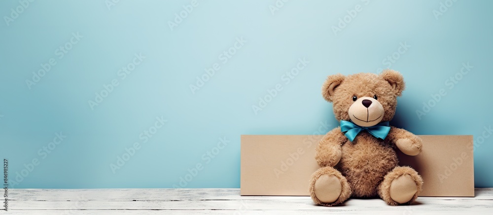 Poster cute teddy bear positioned on top of a cardboard box with a blank blue label sign nearby. with copy 