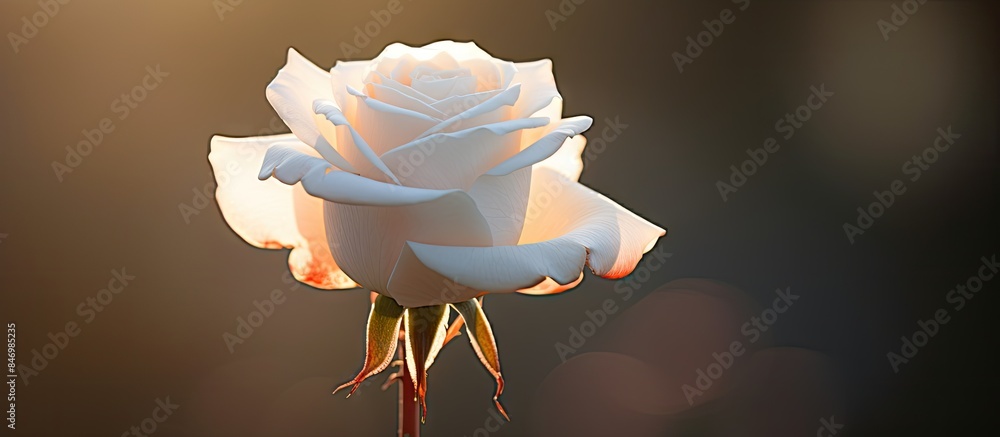 Fototapete Isolated white rose illuminated by sunlight breaking through, creating a stunning low-angle image. with copy space image. Place for adding text or design