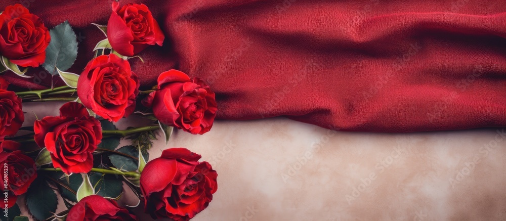 Leinwandbilder Red roses blooming on a textile surface viewed from above, creating a vibrant display. with copy space image. Place for adding text or design