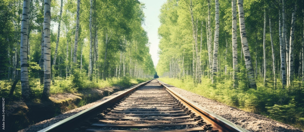Poster railroad tracks winding through a lush birch forest in summer, enhanced with a vintage look. with co