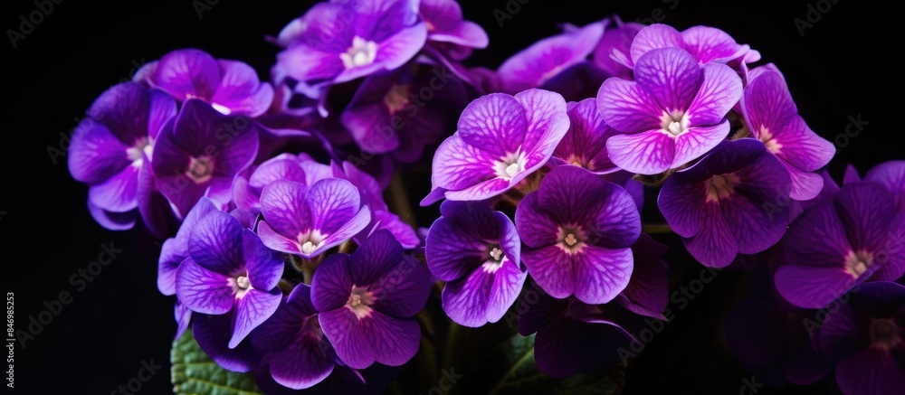 Poster purple primula flowers in a vase placed against a black background, showcasing beautiful macro detai
