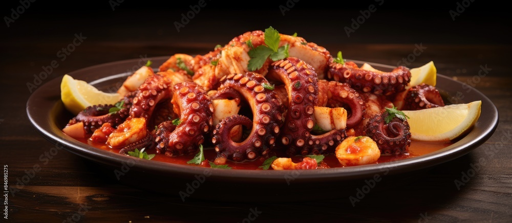 Poster assortment of delicious food items on a table, featuring octopus among other tasty dishes. with copy