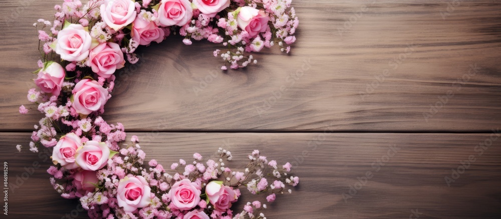Poster Roses wreath made of pink roses placed on a wooden table surface. with copy space image. Place for adding text or design