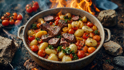 Campfire Feast: Hearty Stew Cooking Over Open Flames