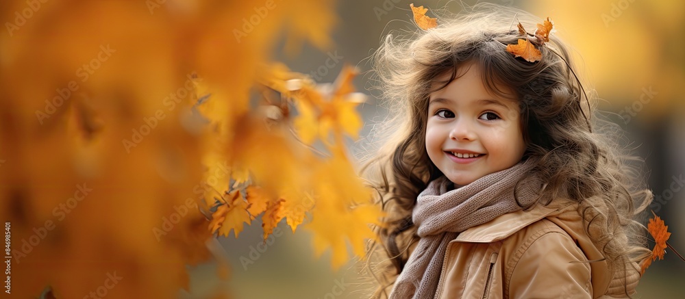 Poster adorable young girl wearing a warm scarf smiling in a park during autumn. with copy space image. pla