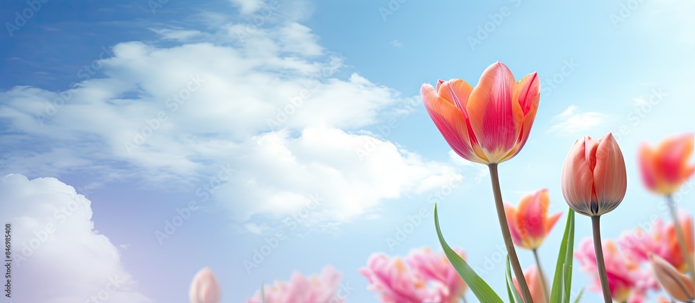 Fototapete among the field are numerous pink tulips set against a backdrop of a clear blue sky in full bloom in