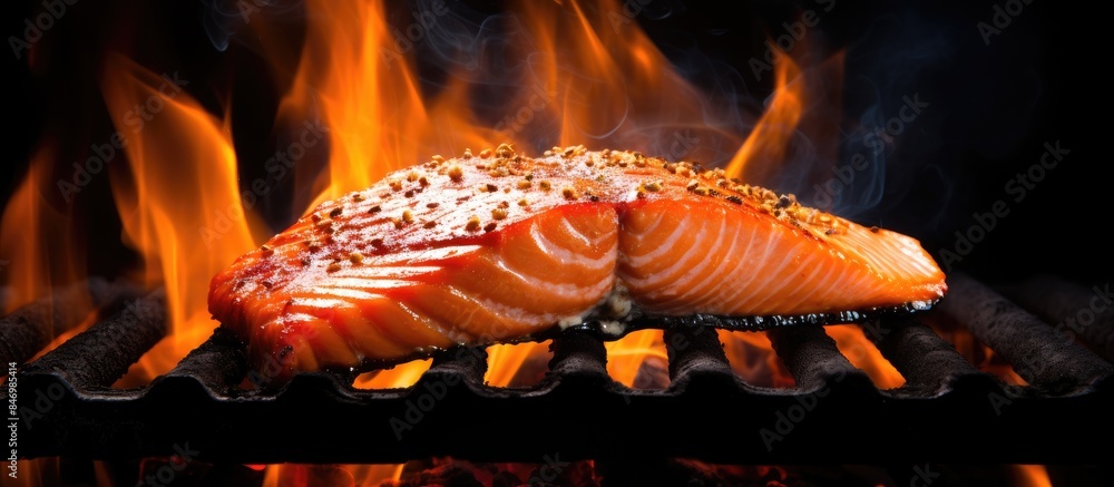 Poster salmon fillet grilling on flames, showcasing a mouthwatering closeup of the cooking process. with co