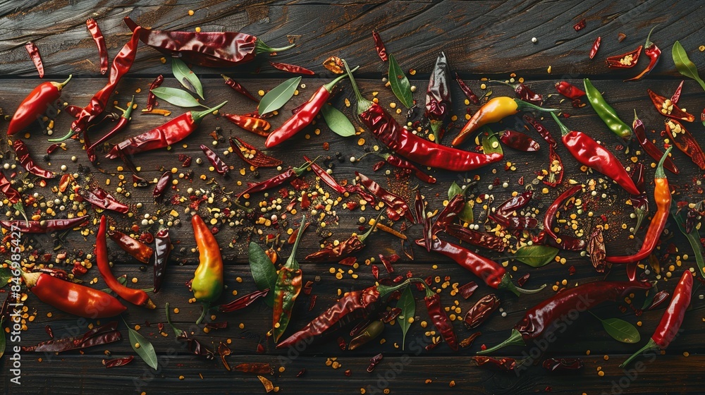 Poster a variety of chili peppers, both fresh and dried, are scattered on a rustic wooden surface. the vibr