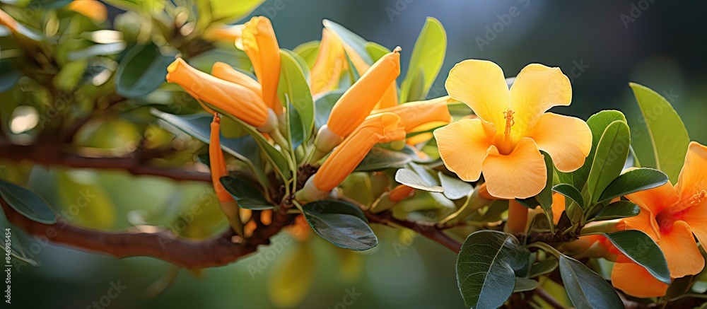 Fototapete bright yellow flower in full bloom on a tree, adding a vibrant touch to the garden landscape. with c