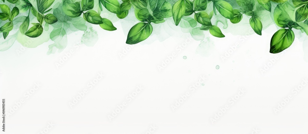 Poster green leaves in watercolor art on a white backdrop, top view of basil leaves with vibrant green stro
