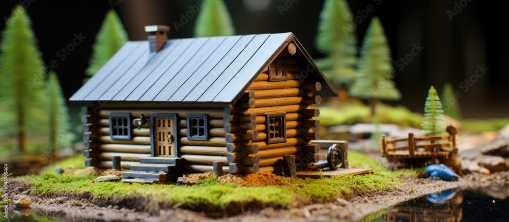 Aufkleber Cozy log cabin stands by a tranquil pond, offering a peaceful retreat in nature with a touch of Czech culture and a smithy forge sign. with copy space image. Place for adding text or design