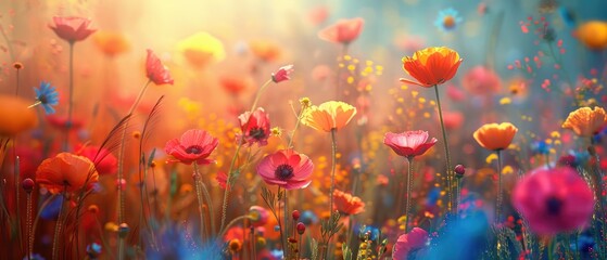 A field of colorful wildflowers bathed in warm sunlight.