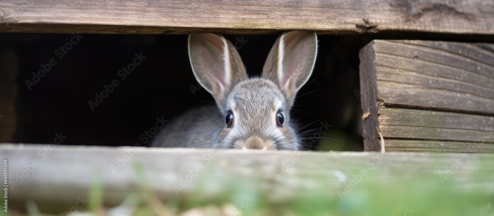 Aufkleber small grey bunny seen peeking out from beneath a wooden shed in a close-up shot. with copy space ima