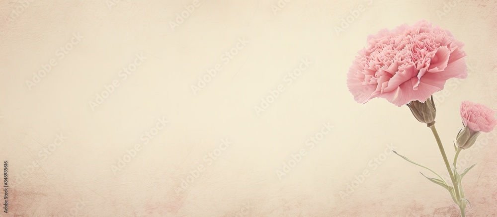 Fototapete Pink flower elegantly displayed in a vase on a table with a textured old paper background. with copy space image. Place for adding text or design