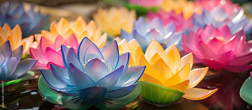 Fototapete Multiple brightly colored lotus flowers floating elegantly on the calm surface of a pond, creating a stunning visual display. with copy space image. Place for adding text or design