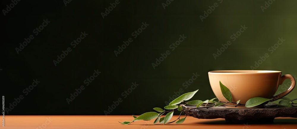 Aufkleber Tea in a pottery cup adorned with a tea leaf placed on a rustic wooden table featuring a branch. with copy space image. Place for adding text or design