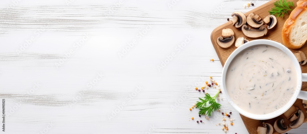 Poster close-up of a bowl of soup filled with mushrooms, accompanied by a slice of bread, creating a warm a