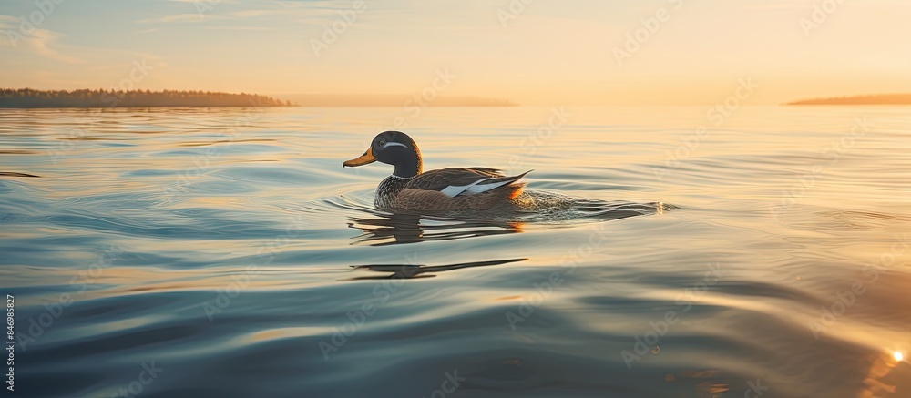 Aufkleber ducks peacefully swim in the lake during a beautiful sunset, creating a serene and picturesque scene