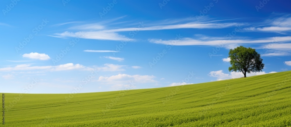 Fototapete Scenic view of countryside featuring a solitary tree surrounded by verdant fields with a backdrop of a beautiful blue sky. with copy space image. Place for adding text or design