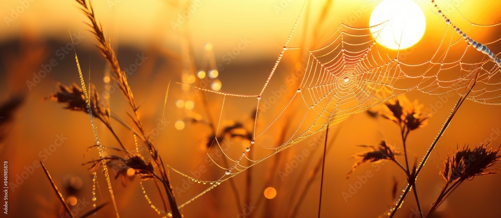 Poster Capturing the intricate beauty of a spiderweb shimmering in a field as the sun sets in the background. with copy space image. Place for adding text or design